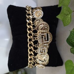 Gold Chain Bracelet with Medusa and Greek Key Coin Charms